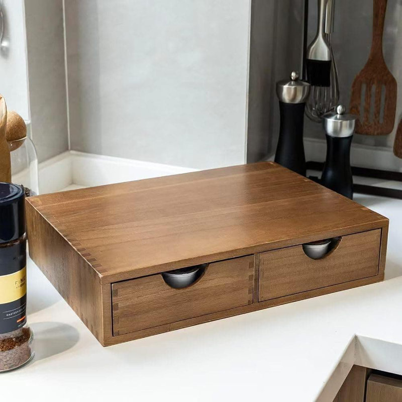 Tiroir organisateur de café avec deux compartiments, porte-gobelet en bois massif et support de comptoir pour machine à café et accessoires