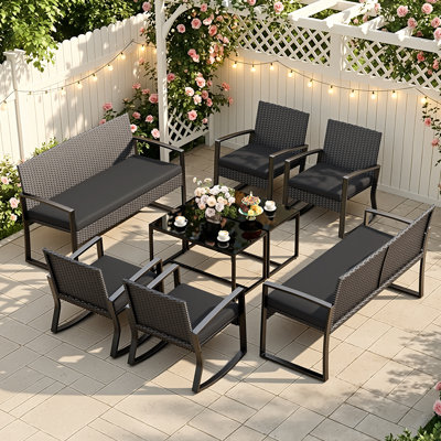 Wicker 8-person Patio Seating Group With Cushions, Loveseat, Rocking Chairs & Coffee Table