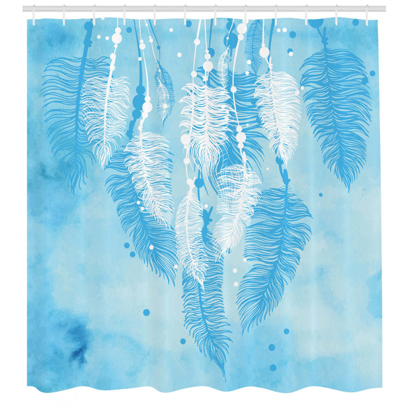 Blue and White Feather Print Fabric Shower Curtain with Hooks