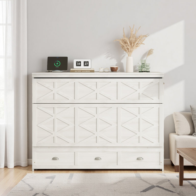 Grand lit escamotable avec grands tiroirs et port USB, Blanc brossé