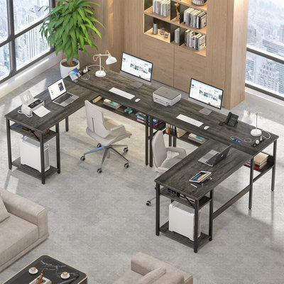 Mishaal L-Shaped Metal Base Computer Desk with Power Outlet