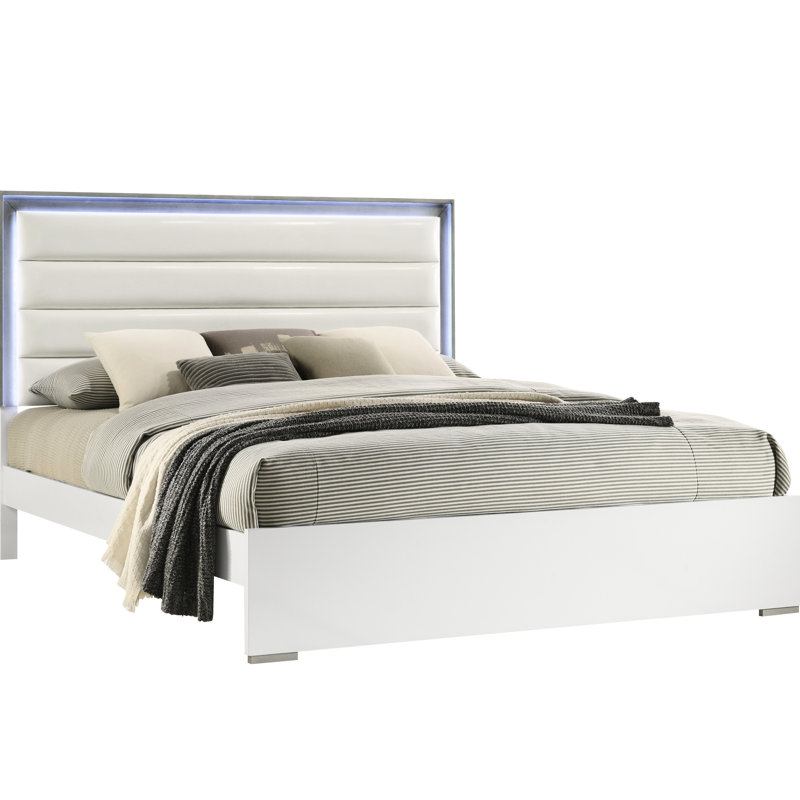 Grand lit moderne avec ornement à tête de DEL - blanc, bois massif, tête de lit tapissier blanche contemporaine, revêtement en similicuir