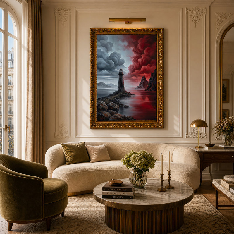 Art mural sur toile, "Phare sur un rivage rocheux avec ciel rouge et gris", H 24 po x l 16 po
