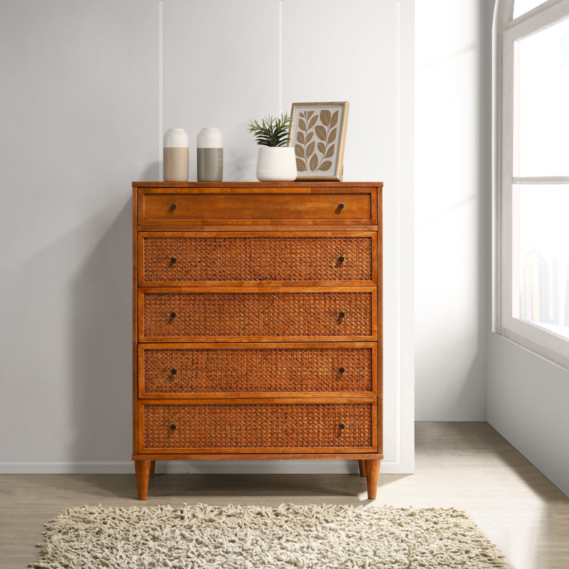 Ingraham Solid Wood Rattan 5-Drawer Chest