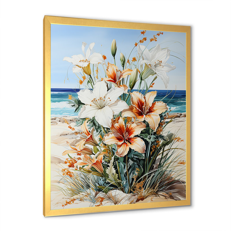 Fleurs saisonnières sur la plage sur toile, Cadre doré simple, H 20 po x l 12 po x P 1 po