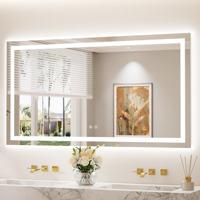 Front & Back LED Lighted Tempered Glass Dimmable Anti Fog Bathroom Vanity Mirror, 55" x 30"
