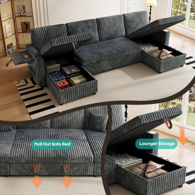 Oversized 110.6" U-Shaped Corduroy Sleeper Sectional Sofa with Pull-Out Bed and Storage Chaise