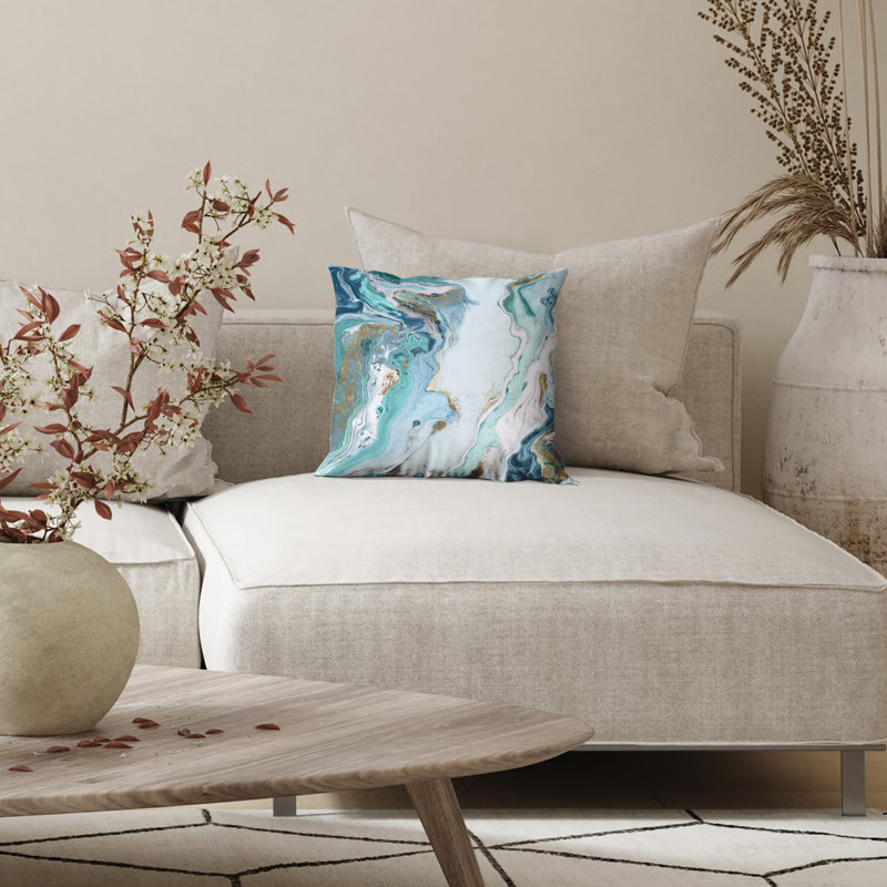 Abstract Marble Design Throw Pillow with Premium Polyester - White and Blue, 18" x 18"