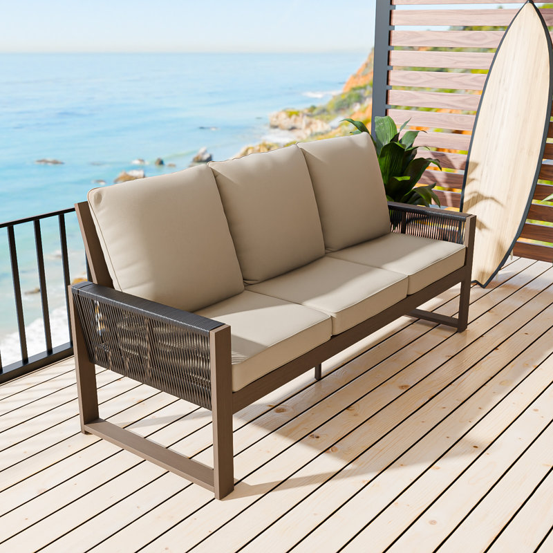 Brown Cedar Wood 3-Seat Sofa with Olefin Cushions for Outdoor, Patio, Beige