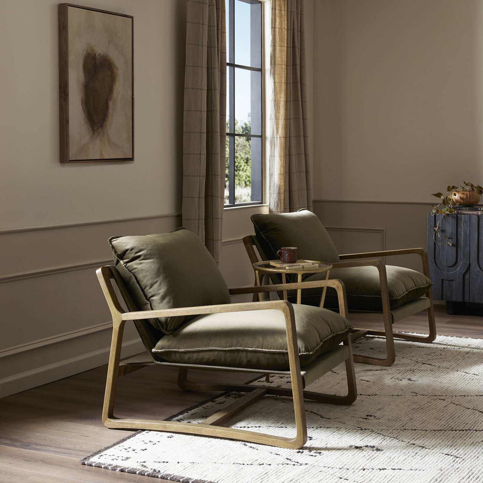 Goldberg Wooden Frame Armchair, Toasted Umber, Surrey Olive Performance Velvet