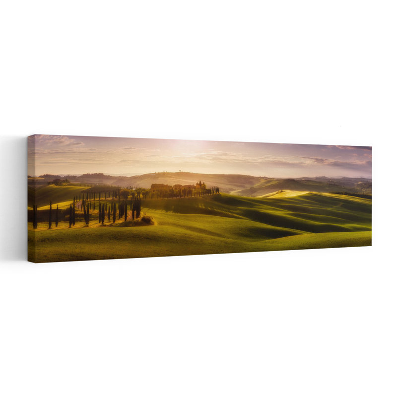 «Rolling Tuscan Cypress Hills Peaceful Serene Vibrant Cypress Landscape Nature», art mural, H 16 po x l 48 po