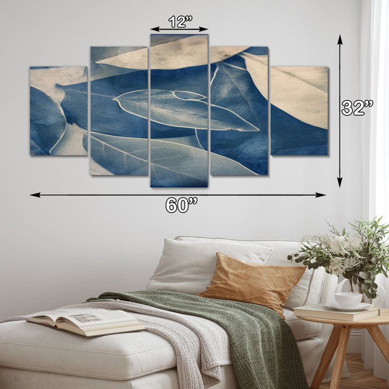  «Vintage Botanical Autumn Leaves Faded Blue I - Abstract Botanicals, art mural sur toile - 5 panneaux