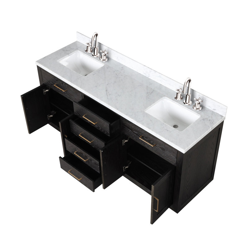 Meuble-lavabo double avec comptoir en marbre de Carrare, Noir, noir, noir, noir