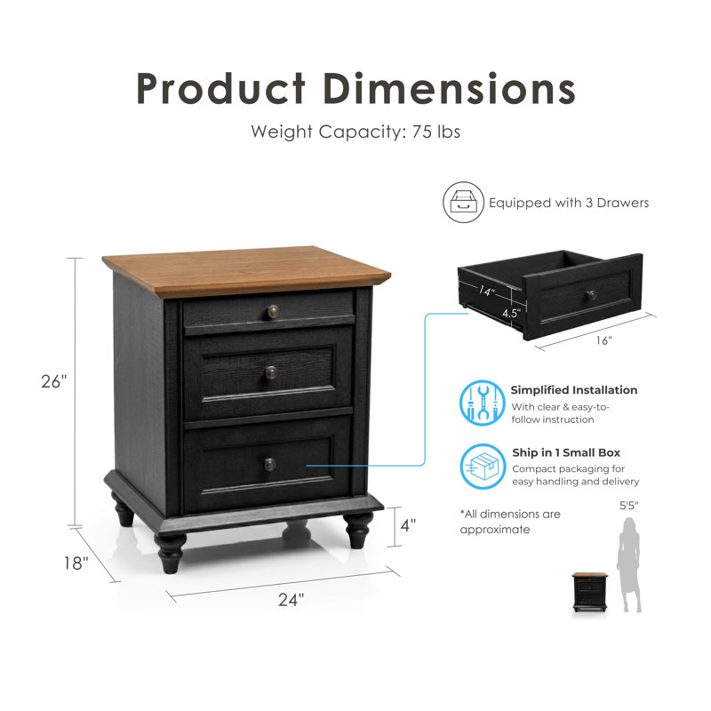 Roscoe 24"W 3-Drawer Wood Nightstand, Black