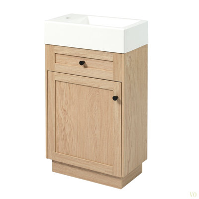 Meuble-lavabo 18,5 po avec lavabo réversible en résine, armoire en panneau de fibres à densité moyenne avec tablette réglable et poignées élégantes en alliage de zinc, finition en mélamine grain de bois, porte réversible, style rustique pour petits espaces