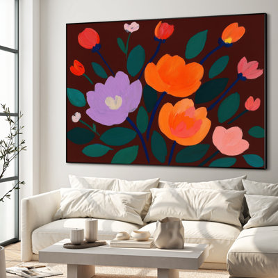 Impression d'art floral abstrait extra large - impression de fleur moderne orange vif pour la maison ou le bureau, très grand art mural encadré (assemblage requis)