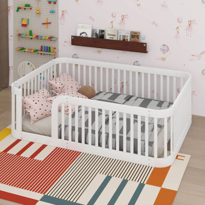 Full Size Floor Bed Frame With Fence, Solid Wood Platform Bed
