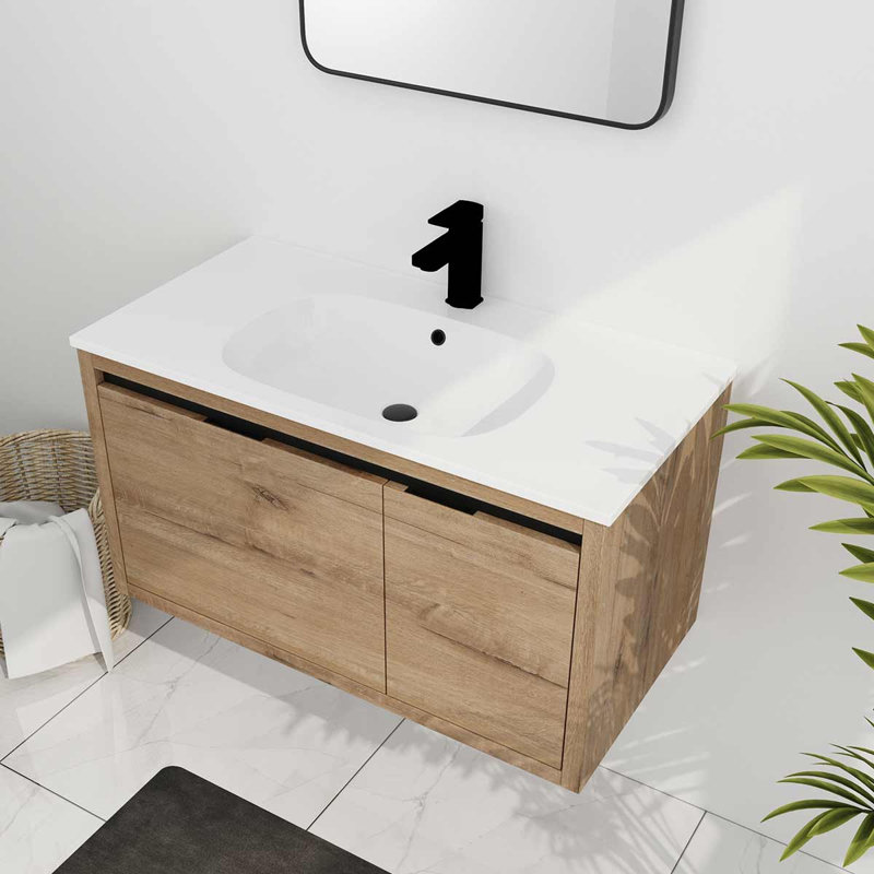 Meuble-lavabo simple mural 35,6 po avec plateau en acrylique Jenziel, Brun clair