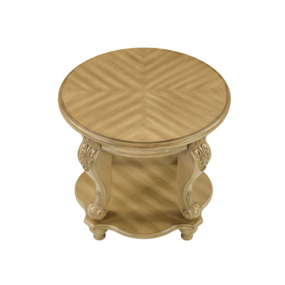 22'' Two Tone Round End Table,Solid Wood Sofa Side Table with Shelf,Living Room Corner Table Easy Assemble, Antique Natural