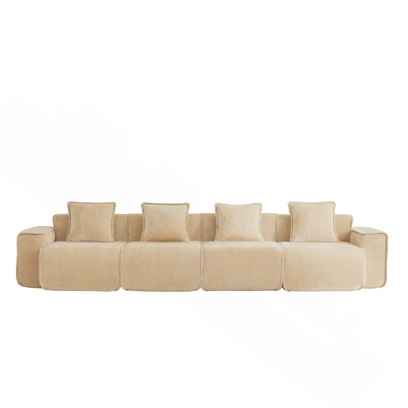 Canapé modulaire en velours 4 places avec coussins décoratifs, Light Camel Velvet, 31.1" H x 138.58" W x 38.2" D