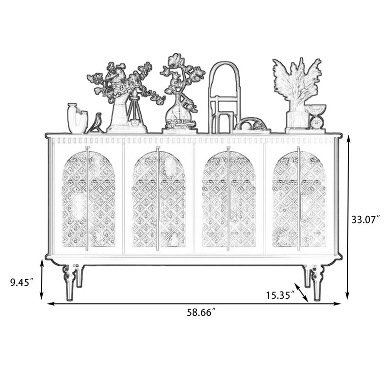 Buffet blanc massif et verre manufacturé blanc, H 33,07 po x L 58,66 po x l 15,35 po, Blanc