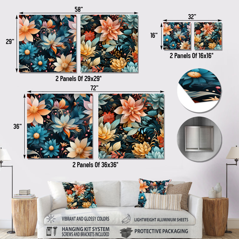 Layana - Ensemble de 2 carrés décoratifs floraux en métal, H 29 po x l 58 po