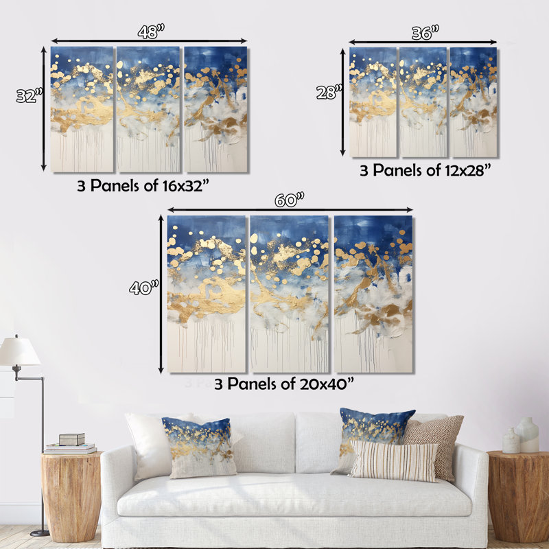 Tapisserie azur abstraite dorée et bleue IV sur toile, 3 pièces, H 28 po x l 36 po x P 1 po
