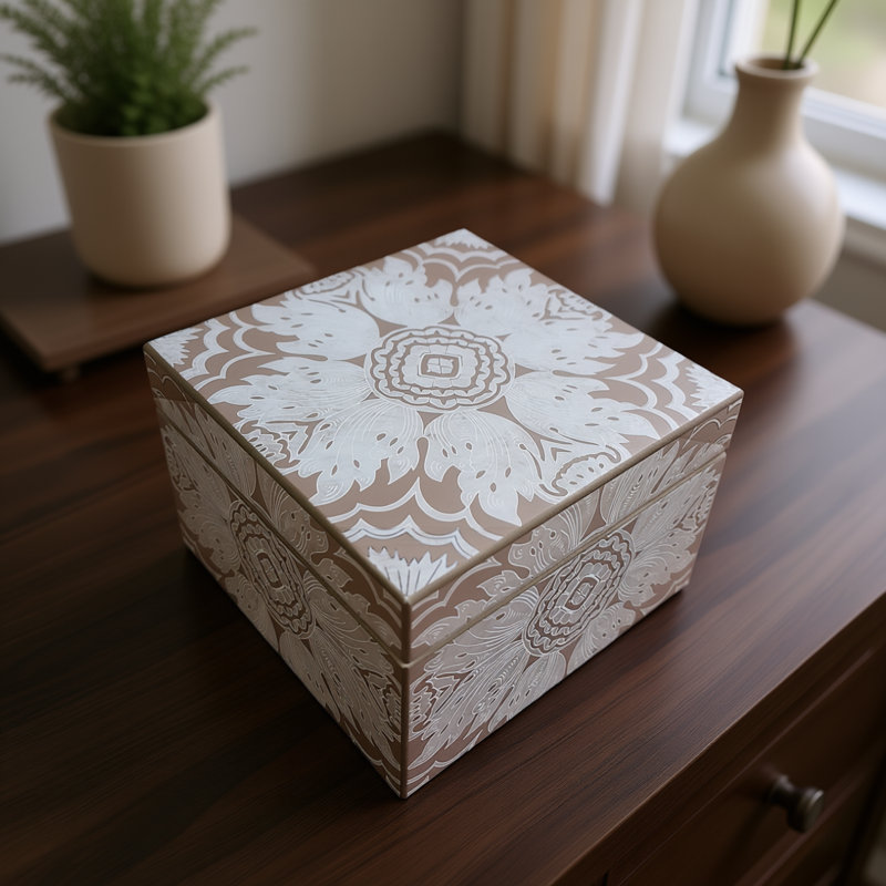Handmade Reverse Painted Mirror Square Box - Medium, Sand
