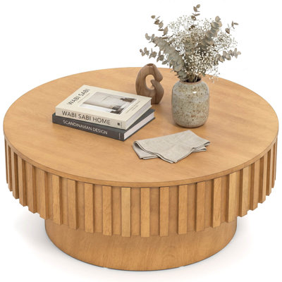 Table basse ronde avec rangement, table basse cylindrique en bois avec compartiment caché Naturel