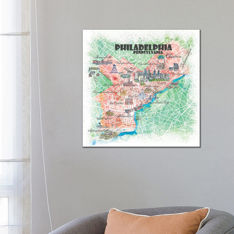 Philadelphia Pennsylvania USA Illustrated Map by Markus & Martina Bleichner - Painting on Canvas, Wrapped Canvas