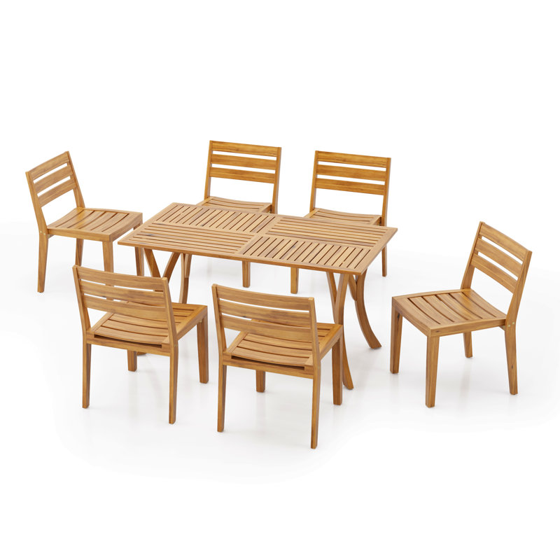 Ensemble repas d'extérieur 7 pièces en bois d'acacia avec table rectangulaire, teck