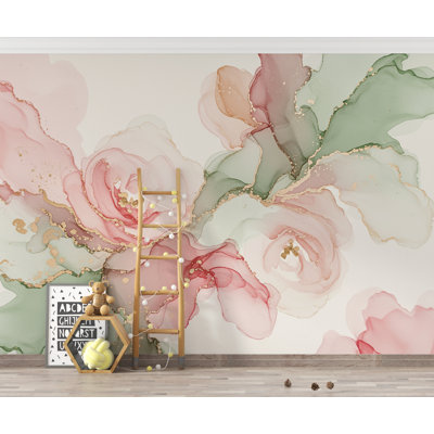 Silk-Inspired Floral Marble Watercolor Wallpaper – Premium Couture Garden Panoramic Design in Soft Pink & Champagne