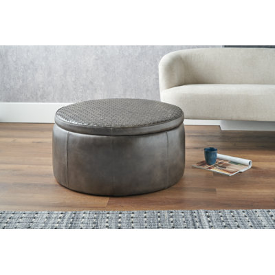 80cm Wide Genuine Leather Round Cocktail Ottoman with Storage