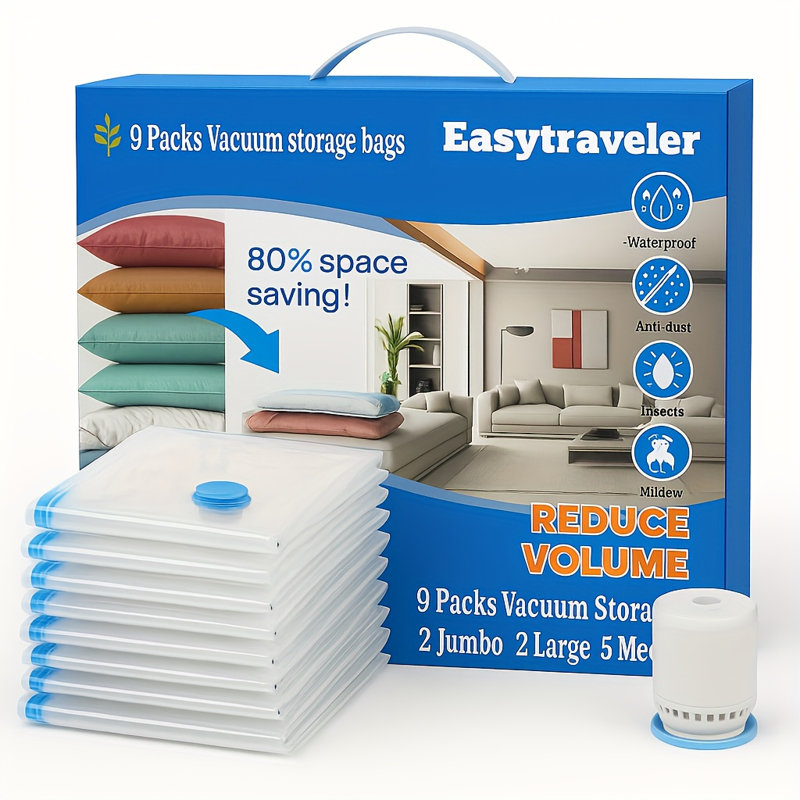 Lot de 9 sacs de rangement sous vide extra larges avec pompe électrique, sacs de compression réutilisables et peu encombrants pour vêtements, couettes et literie