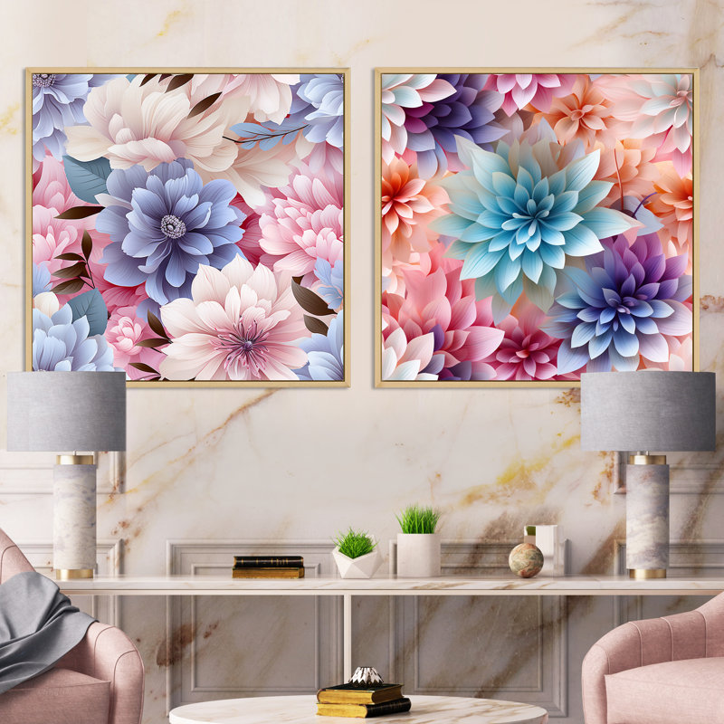Meranda - Ensemble de 2 collages carrés floraux, H 16 po x l 33 po, Cadre flottant brun