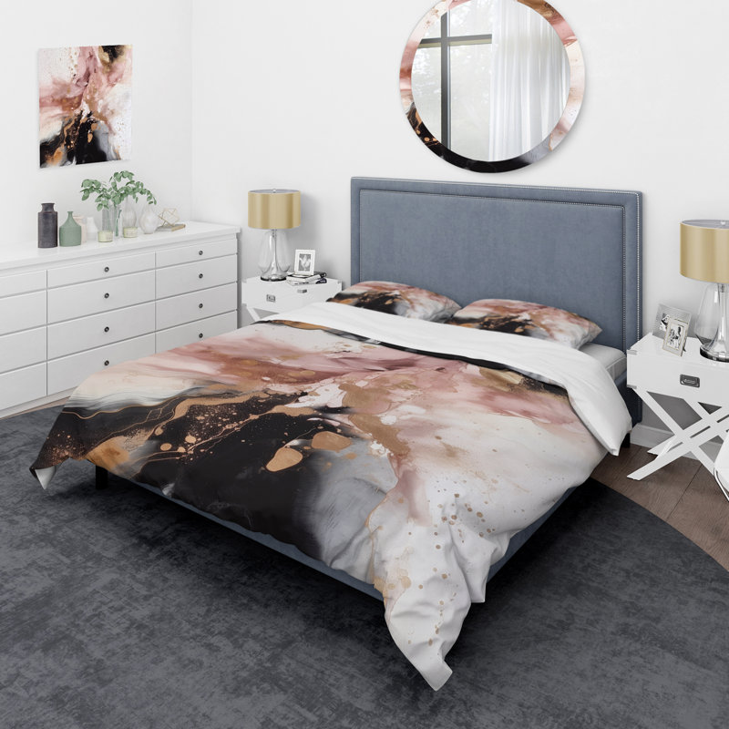 Pink Gold Marble Texture I - Abstract Marble Duvet Cover Set - Microfiber Polyester, Queen Duvet Cover + 2 Standard Shams