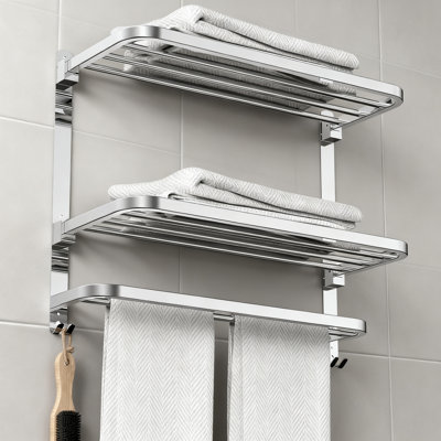 No-Drill Wall Mount Towel Rack With Shelf, 304 Stainless Steel Collapsible Towel Hanger For Bathroom And Lavatory, Dual-Layer Storage And Drying Bar