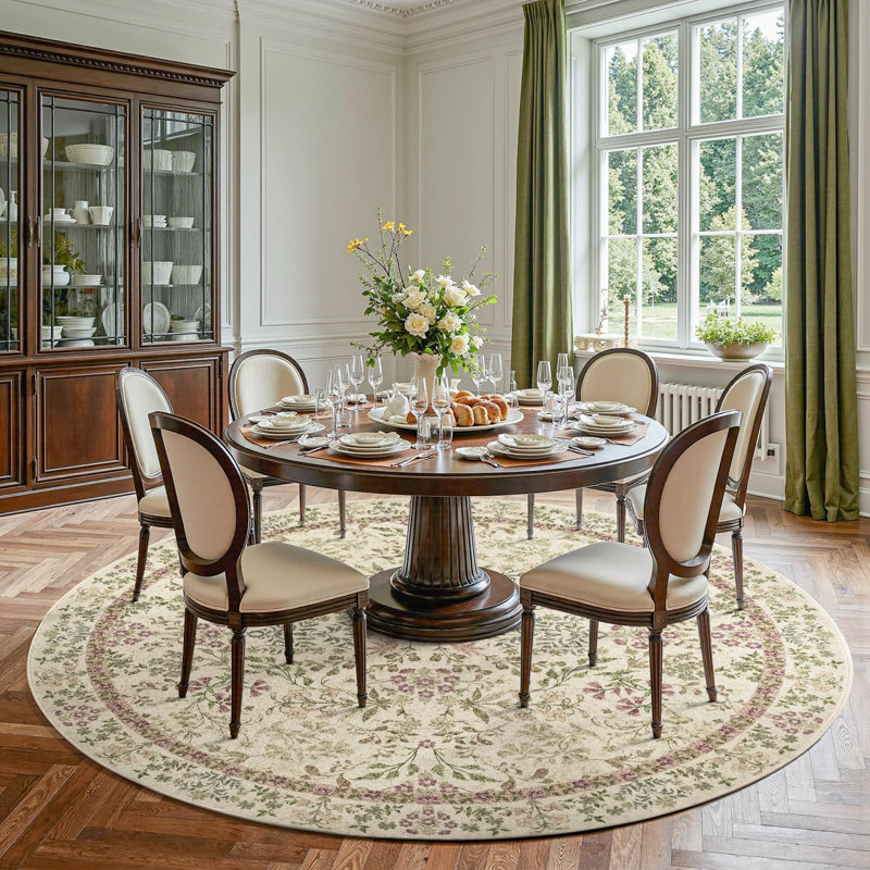 Floral Machine Washable Area Rug, Round 8'