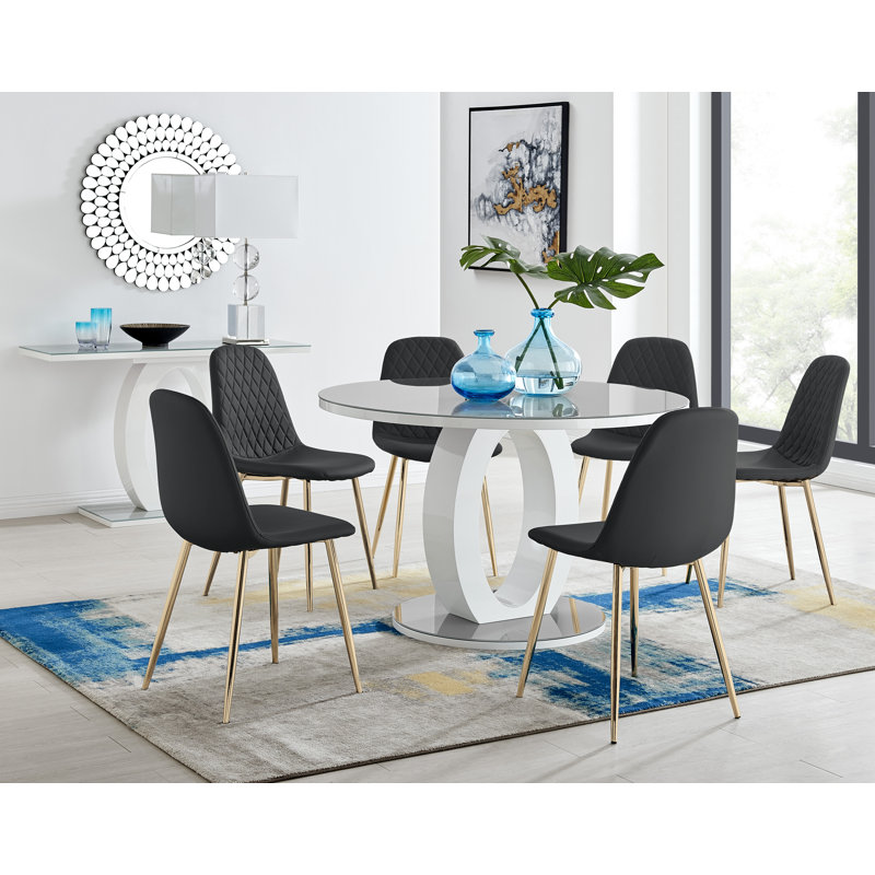 Scottsmoor 6 Seater High Gloss Round Dining Table Set with 6 Luxury Faux Leather Dining Chairs, Black/Gold, Gray