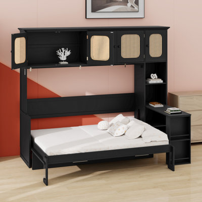 Multi-Functional Murphy Wall Bed Featuring  Desk and  Rattan Cabinets for Compact Home Office