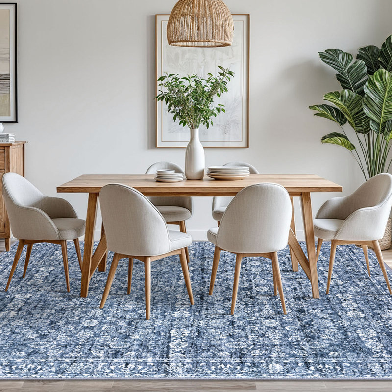 Blue Area Rugs Washable Rug for Living Room Bedroom Rug with Rubber Backing, Rectangle 8' x 10'