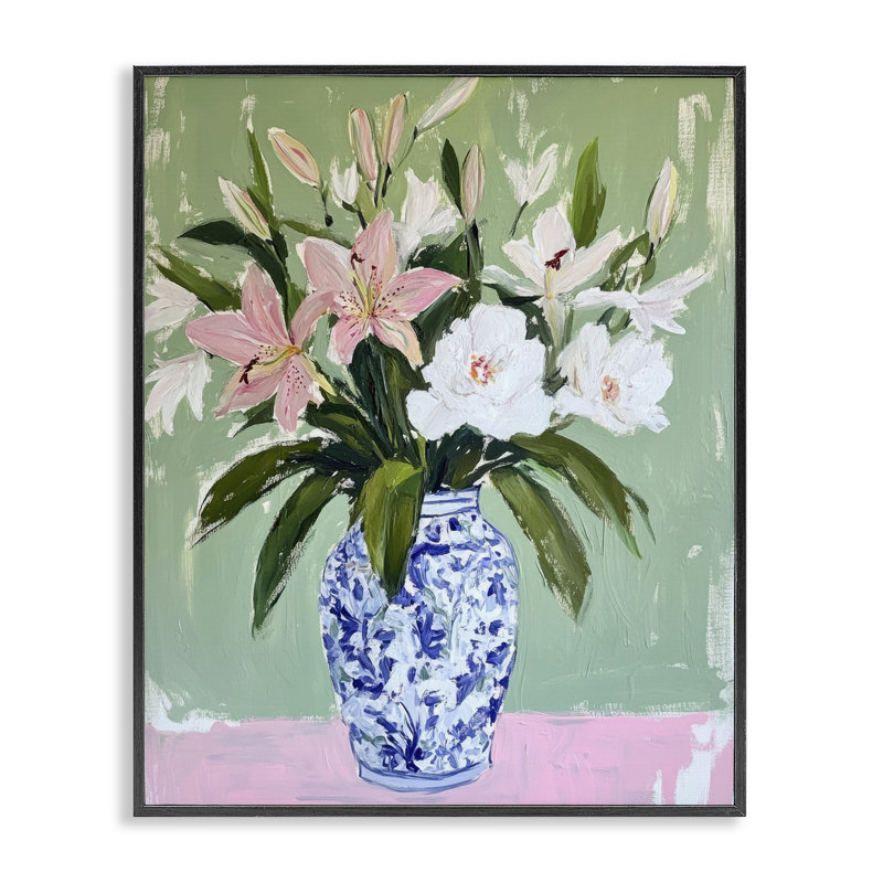 Ensemble de lis dans un vase chinois, estampe numérique, design par Petal Prints Design, Giclée encadrée noir minuit