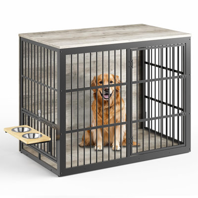 48'' Xxl Dog Crate Furniture With Rotating Feeder, Large Wooden Crate End Table, Heavy Duty Indoor Kennel Cage