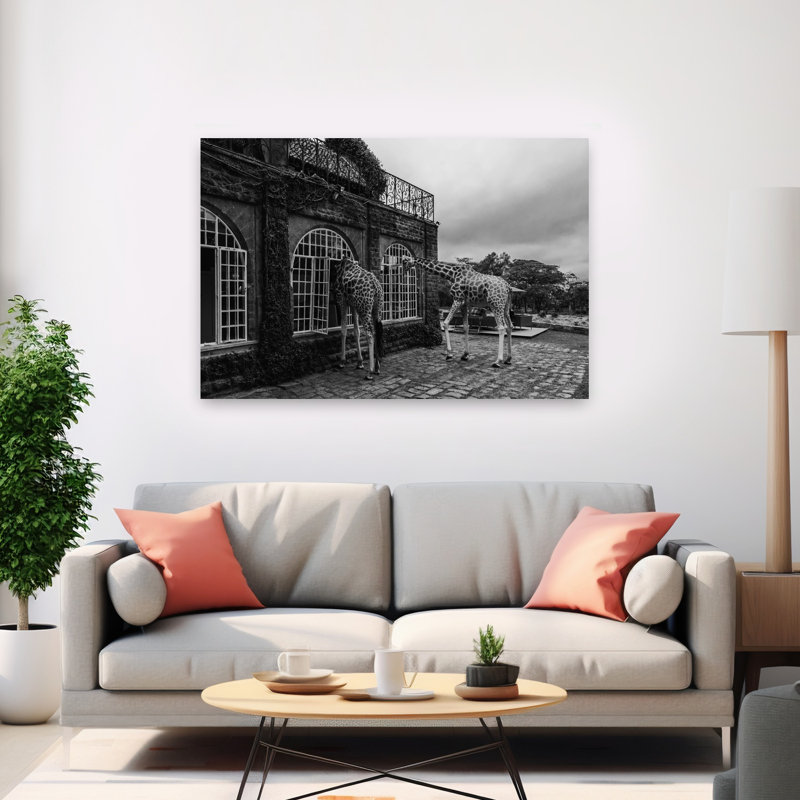 Giraffes At The Window Elegant Contemporary Giraffe Architecture Nature Wall Art Print 1 Piece Wrapped Canvas Wall Art