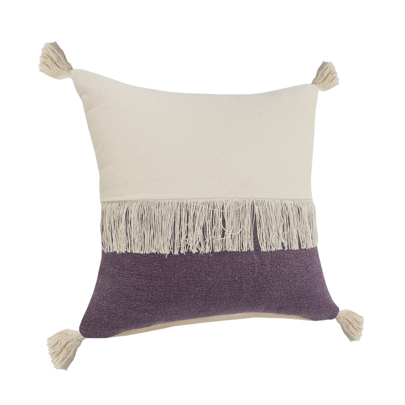 Housse de coussin décoratif contemporaine 100% coton à franges Color Block, Mauve / Blanc, Pillow Cover Only - No Insert