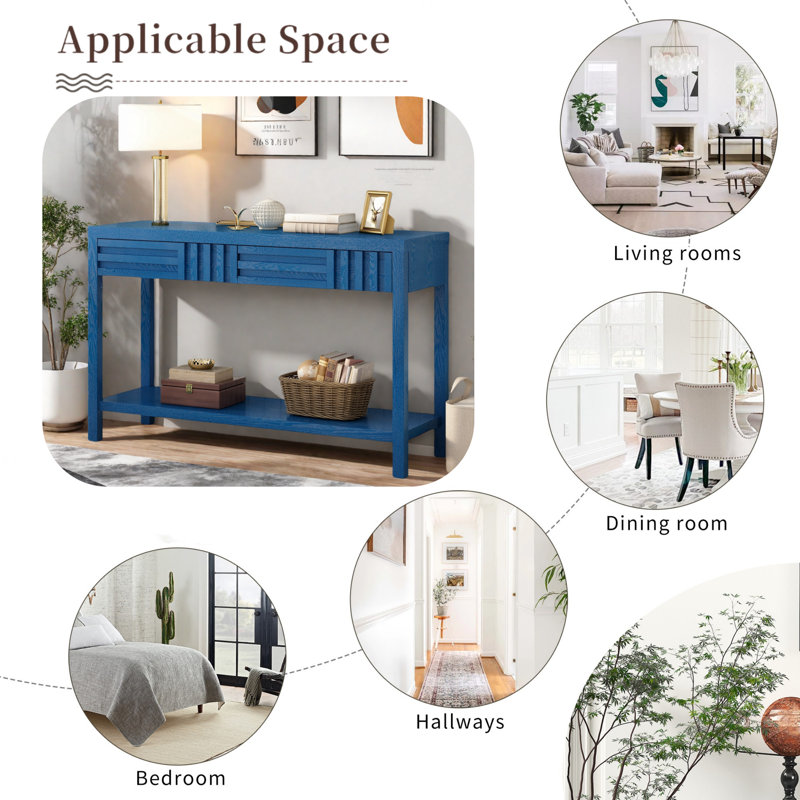 Modern Console Table With Striped Design, 2 Drawers And 2-tier Design, Navy