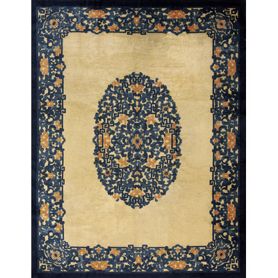 Tapis en laine beige et bleu antique