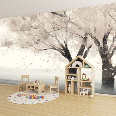 Peel and Stick Wallpaper Japanese Cherry Blossom Watercolor Landscape Wall Murals 69"H x 96"W Removable PVC Wall Paper Self-Adhesive Wall Decor for Bedroom Living Room Home Office