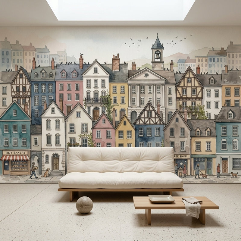 Décoration murale européenne de bâtiments de style pastel en aquarelle, 120 po x 96 po, Peler et coller