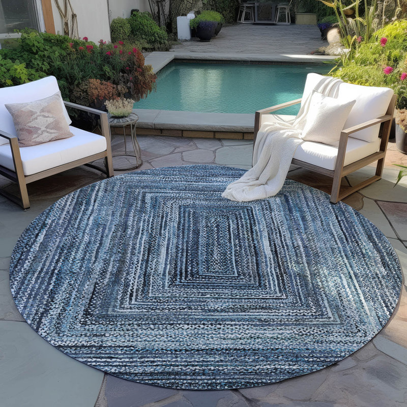 Machine Washable Indoor/Outdoor Xhevrie ACN1725 Blue Rug, Round 8'